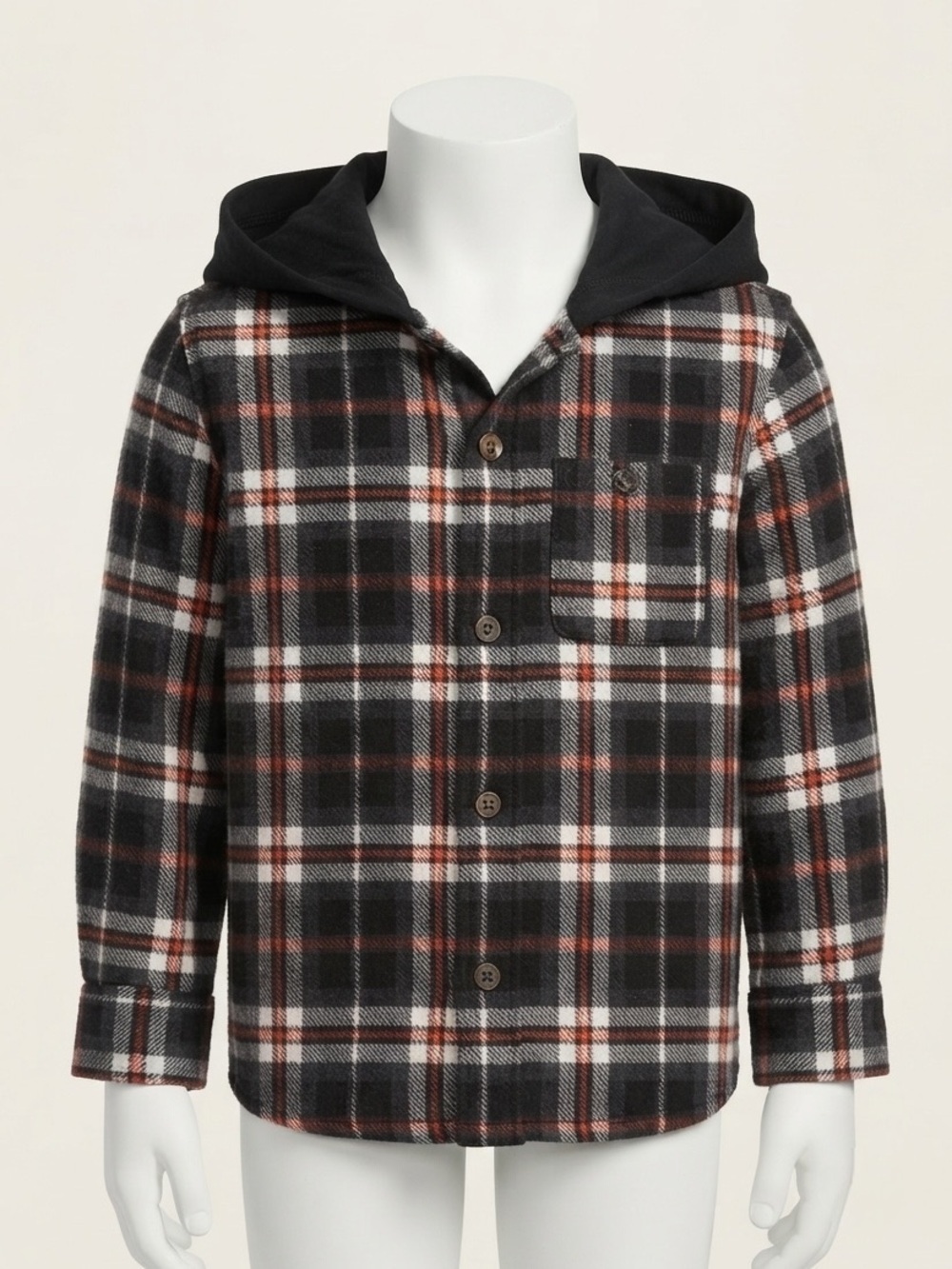 Old Navy Toddler Boy Hooded Plaid Flannel Shirt Jacket Black Red White Cozy 3